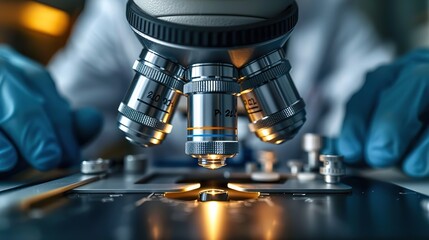 medical laboratory scientist hands using microscope for examining samples and liquid scientific and healthcare research banner background illustration image