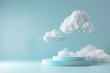 3d render, abstract white cloud shape podium on blue background with copy space, minimalist style. Created with Ai
