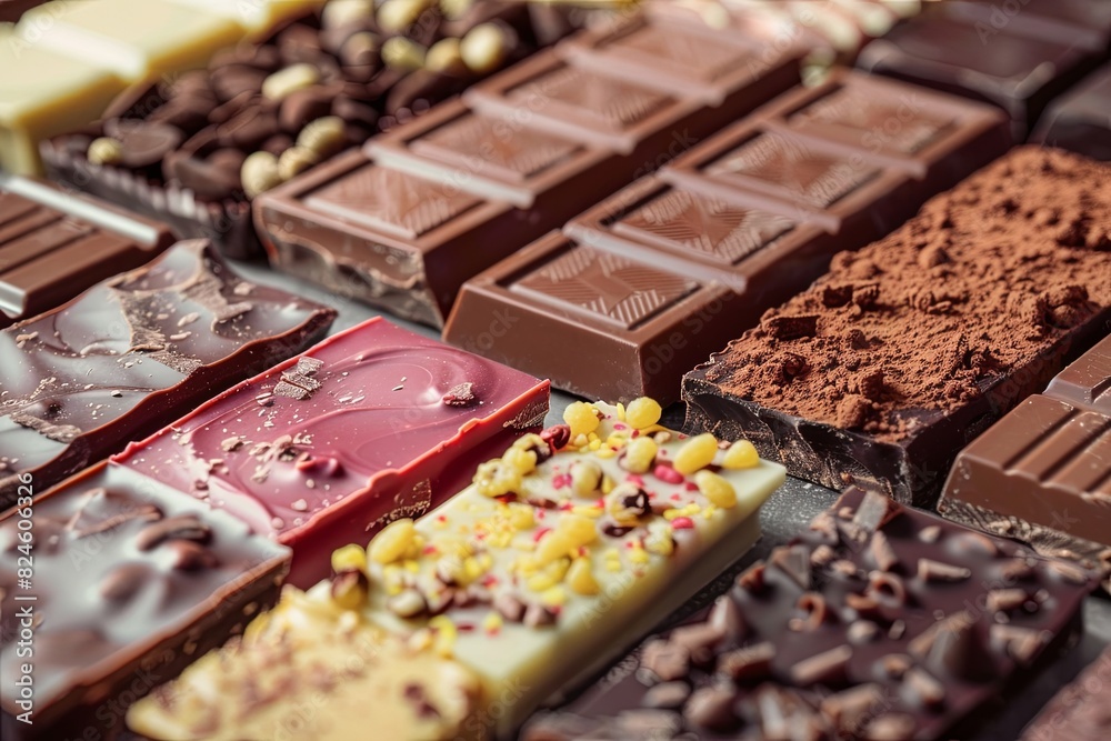 Poster Close up view of a variety of chocolate bars in different flavors and types, neatly arranged with rich colors and high detail. Generative AI