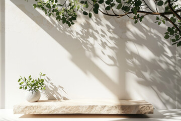 A white stone bench against the light beige walls. Created with Ai