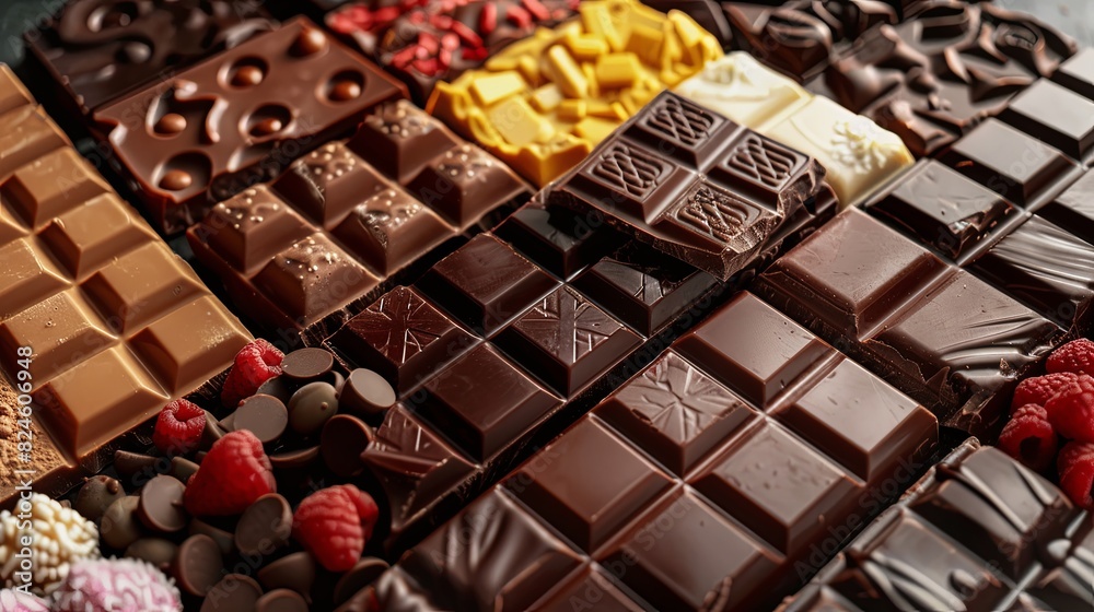 Aufkleber A wide array of chocolate bars in various flavors and types neatly displayed on a table. Generative AI