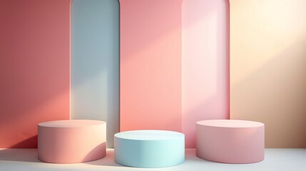 A sleek 3D podium, soft pastel shades, elegant backdrop