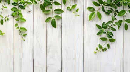 Green leaves hanging on a white wooden fence.