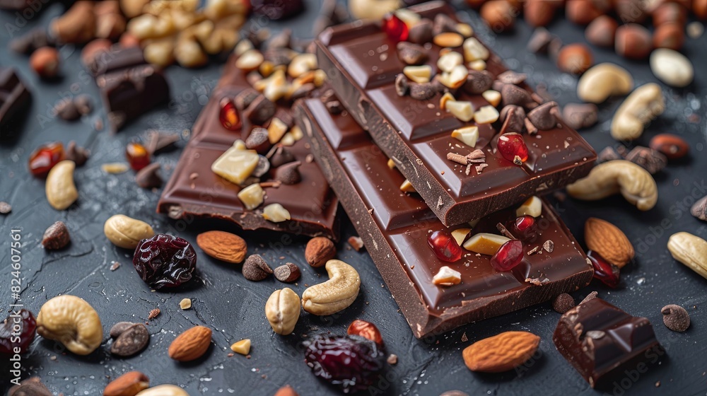 Poster detailed close up of a chocolate bar studded with nuts and cranberries, showcasing rich textures and