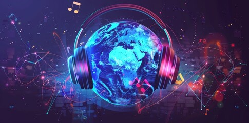 Vibrant global music, headphones and abstract notes