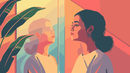 Mirror Reflection: Young Woman Gazing at Her Happy, Confident Self