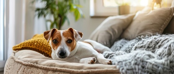 A cozy, upscale hotel room with pet amenities, including a comfy pet bed, toys, and treats, highlighting a welcoming environment for pets