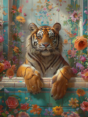 there is a tiger that is sitting in a bathtub