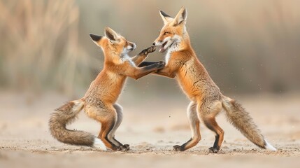 Two immature red foxes playing a fighting game