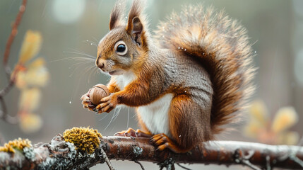 A red squirrel holding a nut while sitting a branch that is covered in moss. - Powered by Adobe