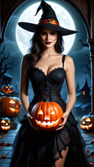 Halloween jack o lanterns and witch on various creepy background