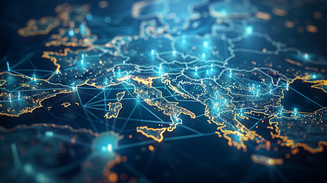 Digital map of Europe with glowing connections between cities, symbolizing global connectivity and digital transformation. The deep blue background conveys depth and wisdom. A closeup view highlights 