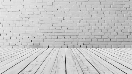 Fototapeta premium Whitewashed brick wall and wooden floor texture background.white brick wall and floor