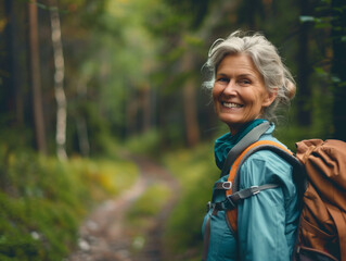 A mature woman with a joyful expression hiking along a forest trail. Ai generated