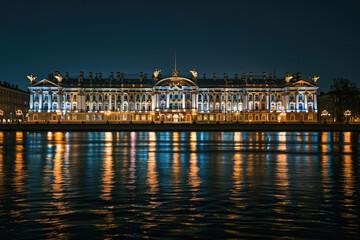 Winter Palace in Saint Petersburg illuminated at night, reflecting in the Neva River