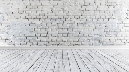 Whitewashed brick wall texture with wooden floor,white brick wall and floor