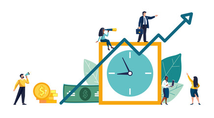 Yellow watch, on which a group of business people plan their business for the year. Business concept, businessman. Team work self-employed. Active recreation, work, Qr code iPhone. Vector illustration