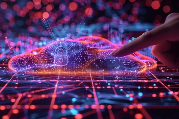 Finger interacting with glowing lock on blue digital grid symbolizes data security