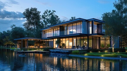 Fototapeta premium Modern House Architecture: Custom Contemporary Chalet by the Beautiful River