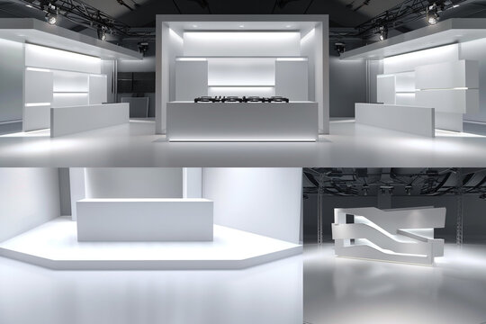 Blank, modern 3D rendered DJ booth in multiple perspectives. Ultra realistic mockup.