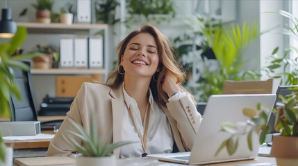 Obraz premium A smiling woman in an office with plants.