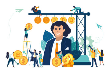 Vector illustration. Business graphic, people at work are engaged in financial exchange of dollar gold coins to bitcoin. People raise their careers to success. Abstract human head of a businessman