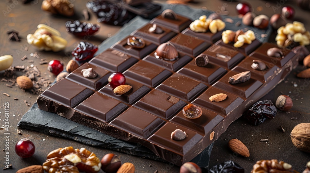 Aufkleber detailed close up of a chocolate bar filled with assorted nuts and dried fruits. generative ai