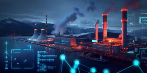 A futuristic power plant with digital data visualizations, surrounded by digital graphs and data visualizations on the horizon.