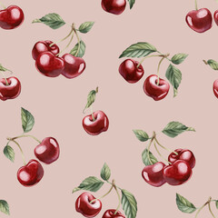 Cherry berries with leaves, watercolor floral seamless pattern on peach pink background for table textile, summer fabric