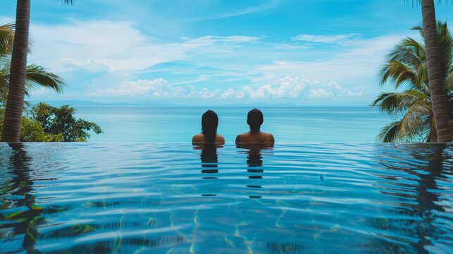 Two people relax in an infinity pool overlooking the ocean, surrounded by palm trees and a clear blue sky on a tropical island paradise.