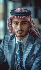 A man in a suit and head scarf.