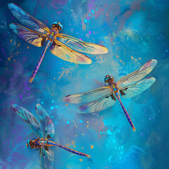 three dragonflies are flying in the air with a blue background