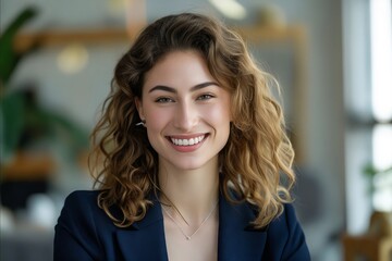 A smiling woman in a blue suit.
