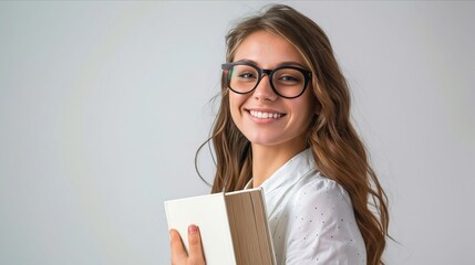 A young woman with glasses holding a book. - Powered by Adobe