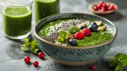 Green smoothie bowl with toppings like chia seeds and berries, with a glass of green juice beside it