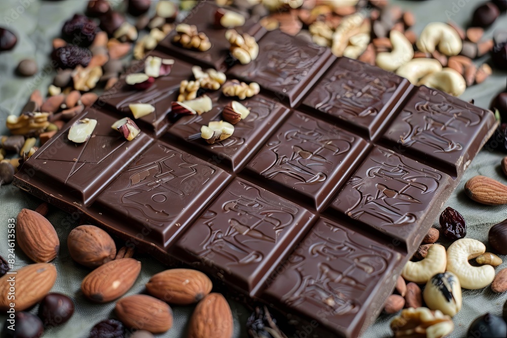 Fototapete Detailed view of a chocolate bar surrounded by assorted nuts and dried fruits, creating a rich and appetizing composition. Generative AI