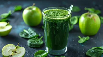 Fototapeta premium Green juice in a clear glass with a straw, surrounded by fresh spinach and apple slices