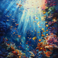 painting of a colorful underwater scene with fish and corals