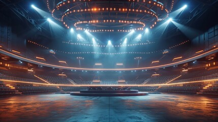 Central stage illuminated by powerful spotlights in a vast indoor stadium