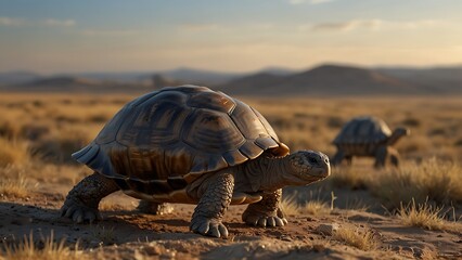A group of turtles walks on a barren grassland
