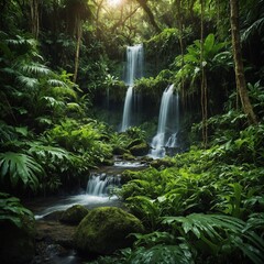 A lush green jungle with a hidden waterfall.

