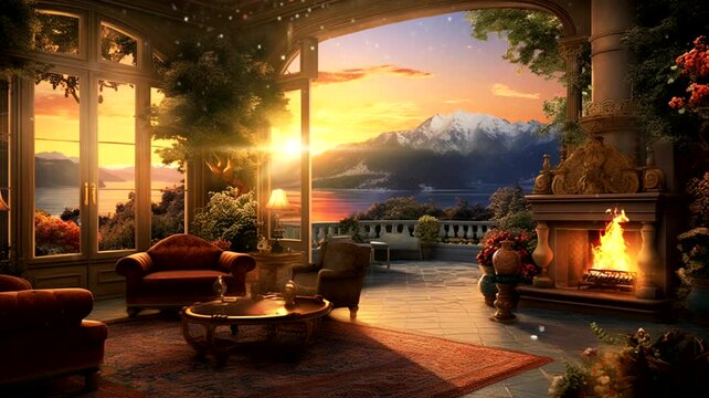 Interior scene with lake view, animated virtual repeating seamless 4k	
