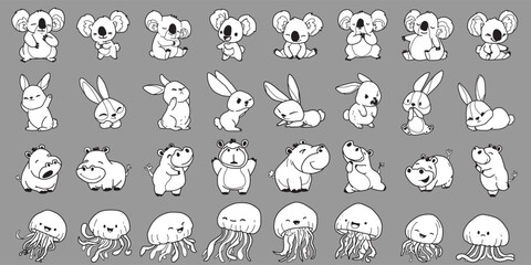 Collection of cute wild animals, coloring pictures, cute animals, hand drawn.