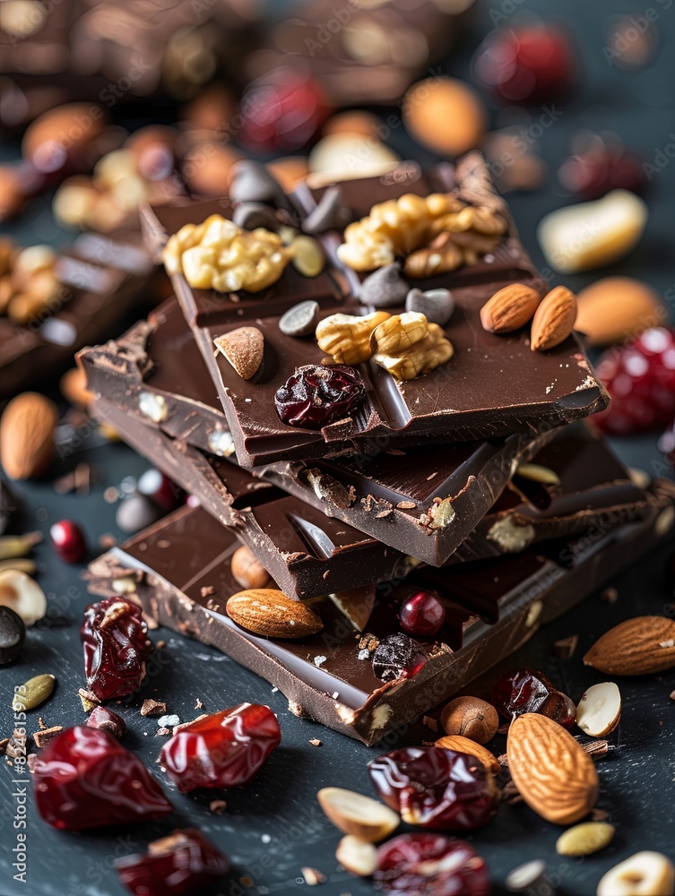 Poster A stack of chocolate bars adorned with nuts and cranberries, showcasing rich textures and a delectable combination. Generative AI