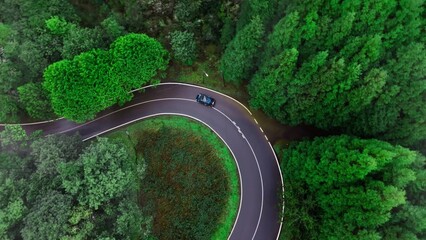 Car passing through windy road of green forest in Madeira island, Aerial rotation shot