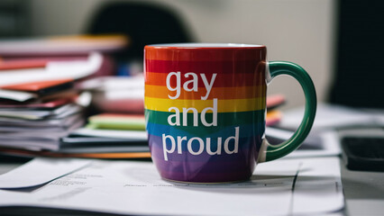 coffee mug with positive message "gay and proud" and LGBT colors, monday motivation, pride, job inclusion