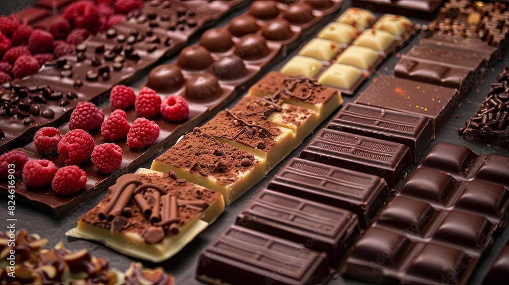 Aufkleber A selection of various chocolate bars accompanied by fresh raspberries on a display. Generative AI