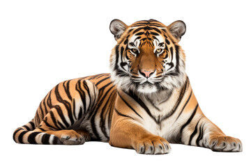 Naklejka premium Majestic Tiger Resting Gracefully in a Blank Canvas on a White or Clear Surface PNG Transparent Background.