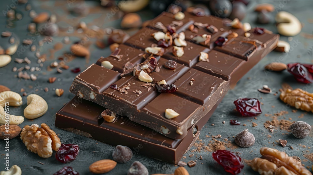Poster Detailed view of a chocolate bar filled with various nuts and dried fruits, showcasing rich textures and appetizing qualities. Generative AI