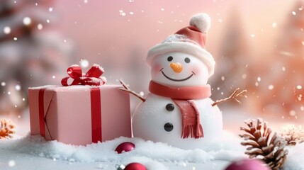 Obraz premium Cheerful snowman and giftwrapped box in a winter setting, capturing the holiday spirit